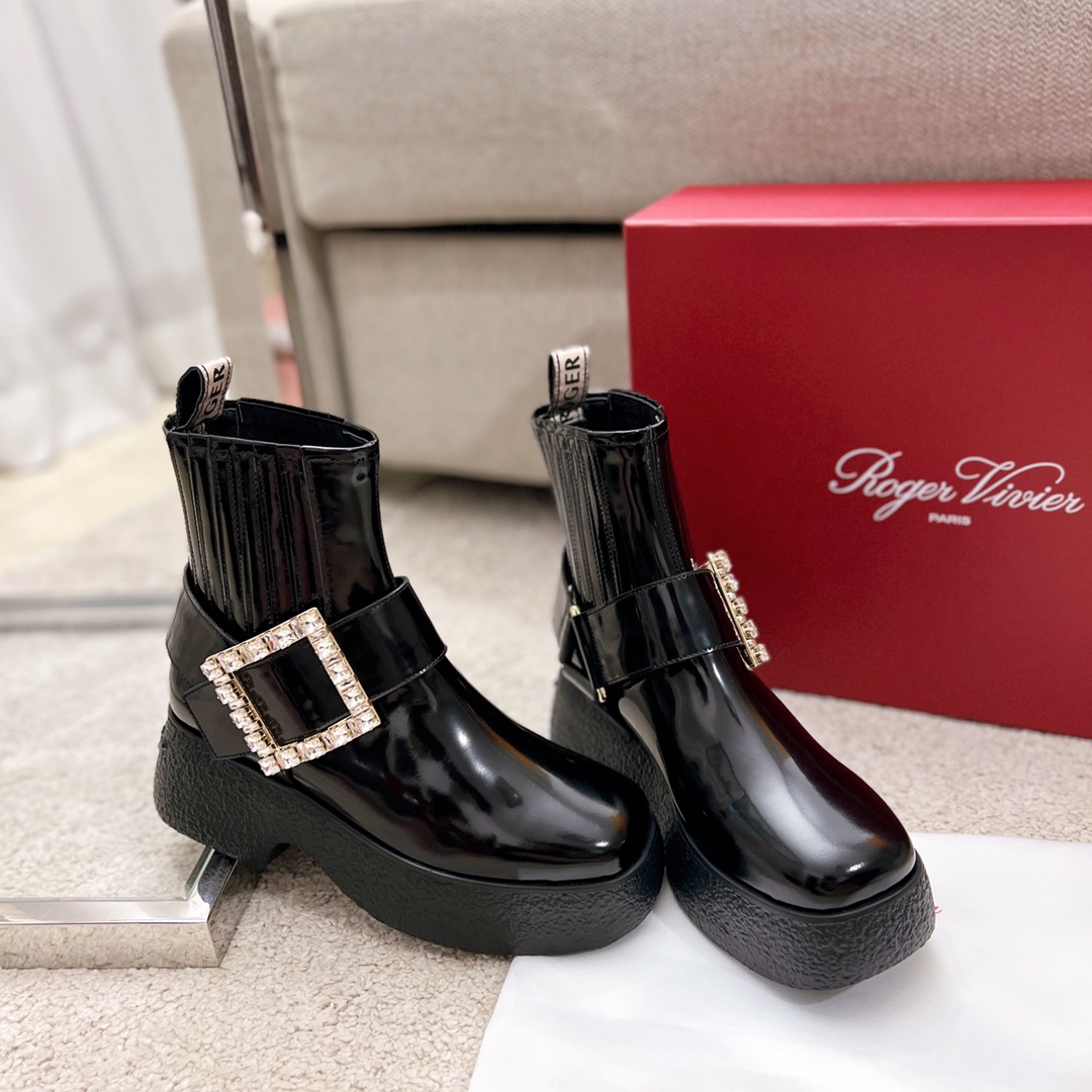 Roger Vivier Walla Viv тоўстая падэшва серыя адкрытыя скураныя чаравікі/боты з бліскучай скуры, стрази, K-залачэнне, 6cm безболенае павелічэнне