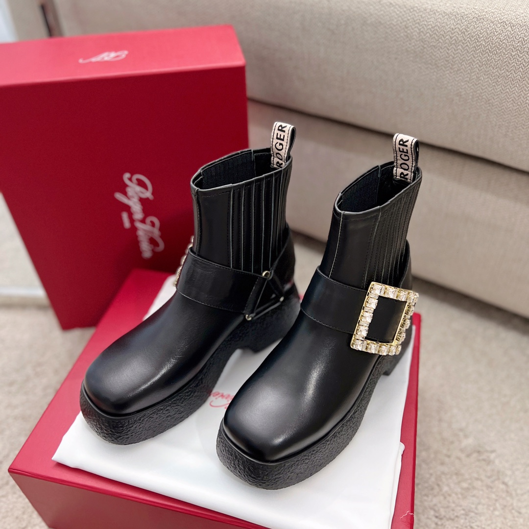 Roger Vivier Walla Viv тоўстая падэшва серыя адкрытыя скураныя чаравікі/боты з бліскучай скуры, стразамі і залатым гальванічным пакрыццём, 6cm безболенае павелічэнне росту