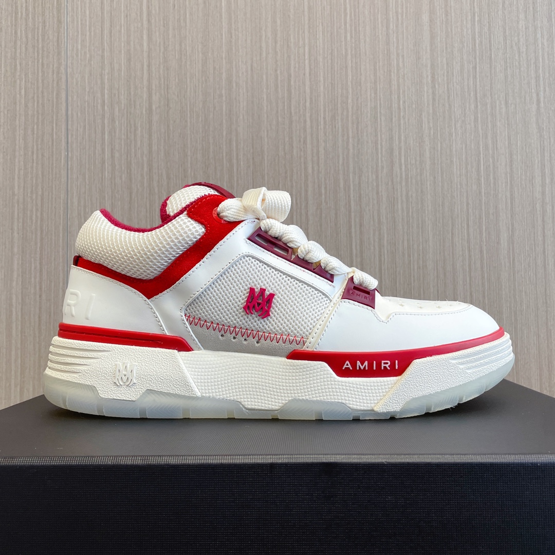 Amiri MA-1 Series White & Red Leather Sneakers with Rhinestone Accents
