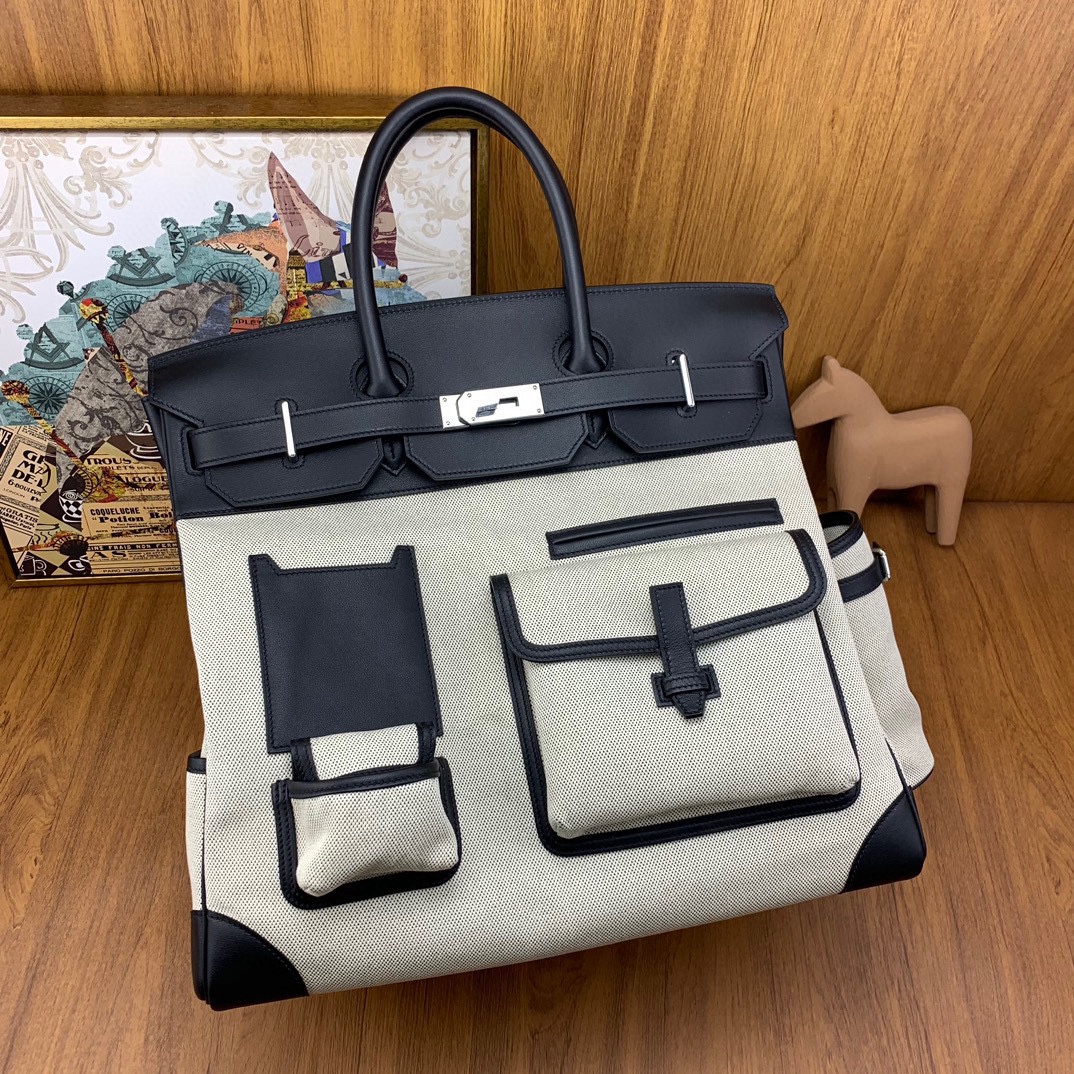 Hermes HAC 40 Cargo Birkin Black Evercalf & Toile with Palladium Hardware Limited Edition