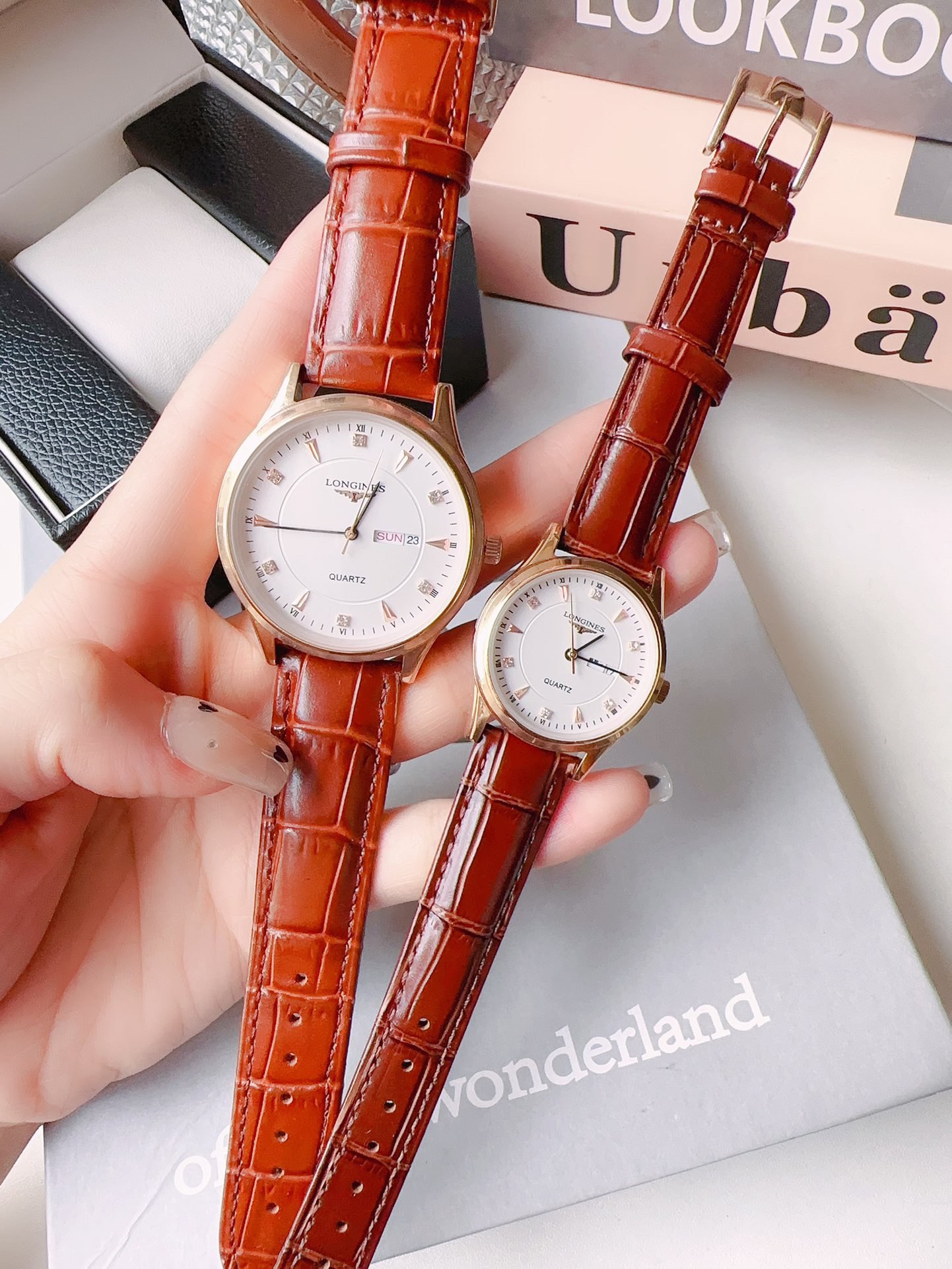 Longines Couple Watches Silver case, white dial, brown leather strap 40mm Unisex Quartz