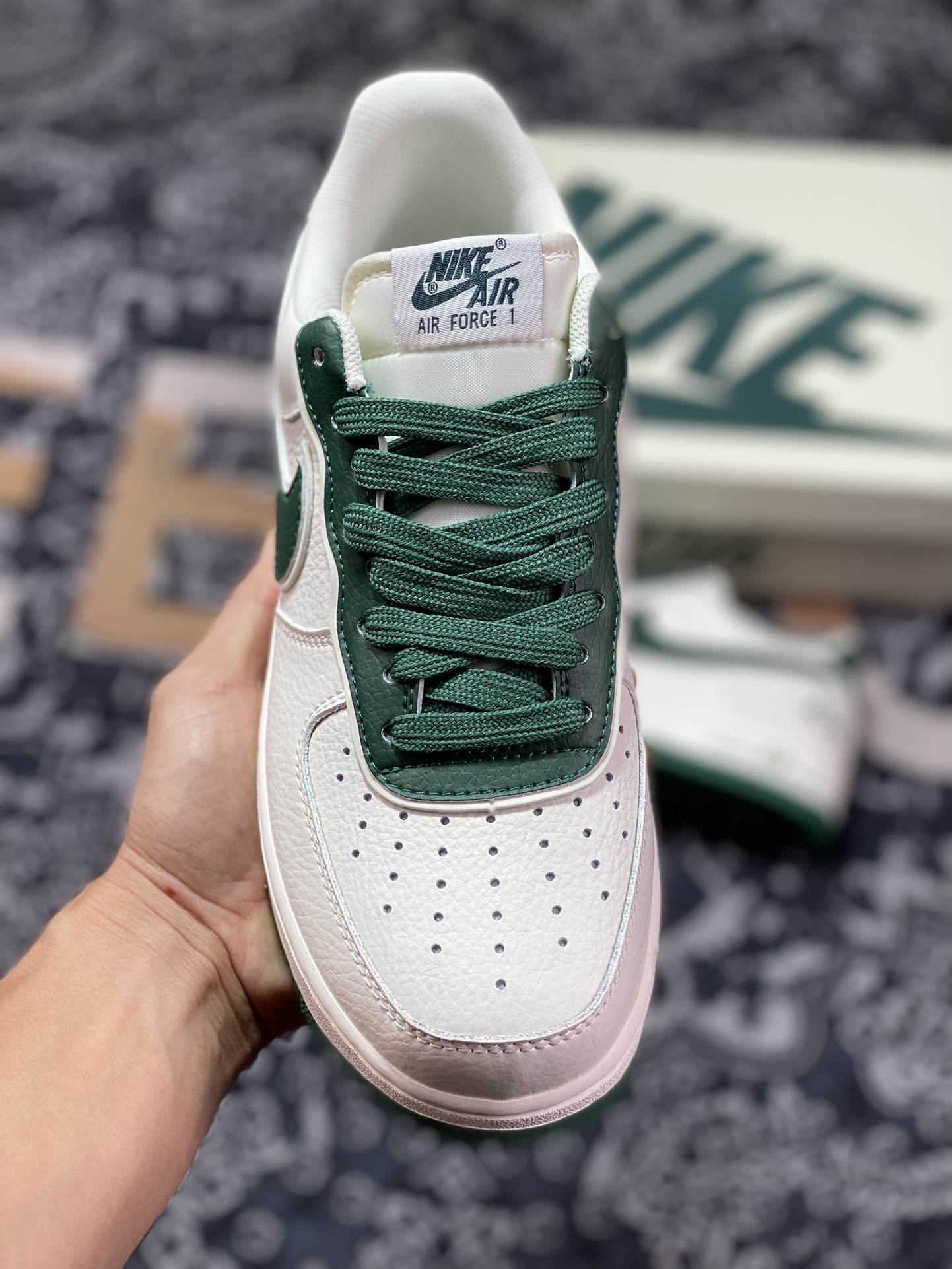 Nike Air Force 1'07 Low ”Beige/Dark Green” Air Force One Sneakers ”Leather Beige Dark Green Overlap Hook” JF1983-558