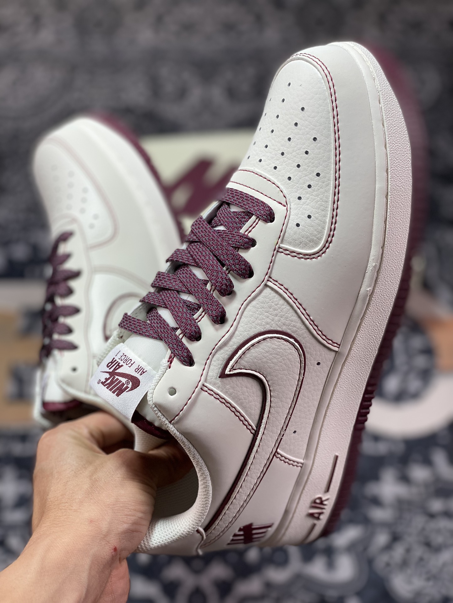 UNDEFEATED x Nike Air Force 1′07 Low ”Beige/Wine Red 3M” Air Force One sneakers ”Leather Beige Wine Red Stitching Five-Bar 3M Reflective” UN3699-022