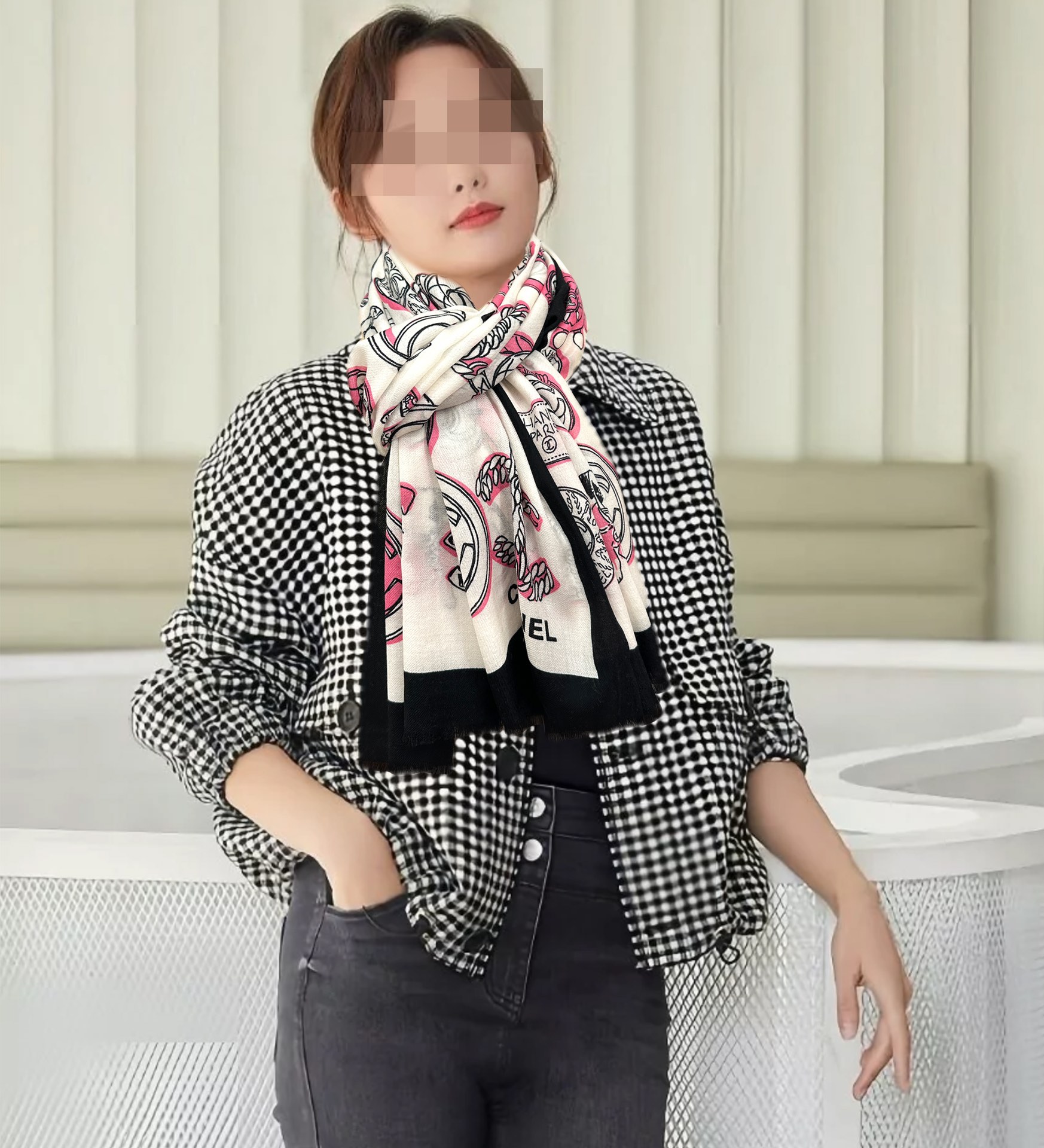 CHANEL香奈儿双c动物羊绒长巾