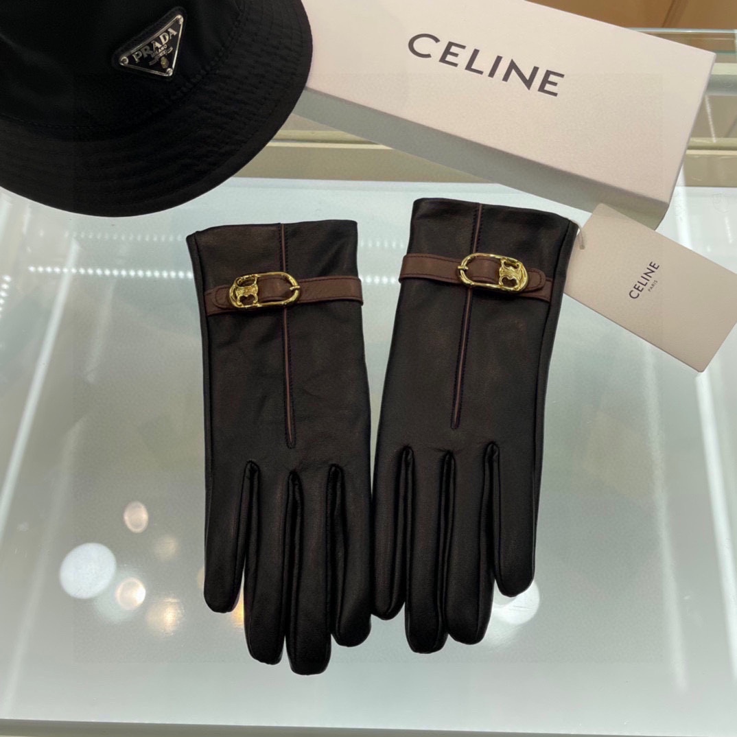 Celine瑟琳秋冬新款女士手套官网同步配色系列彰显成熟魅力进口羊皮皮质超薄柔软舒适版型正内里绒里颜色黑