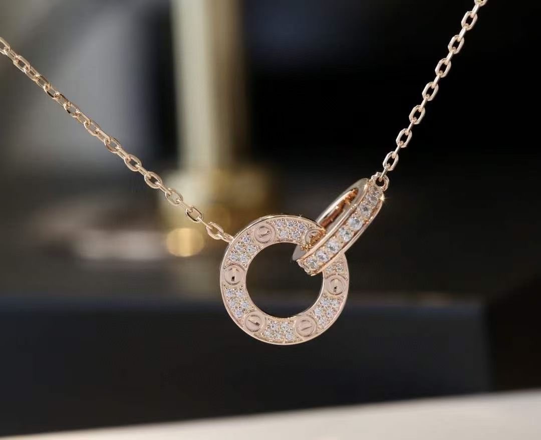 Cartier Cartier 卡地亚 玫瑰金双环满钻圆饼项链