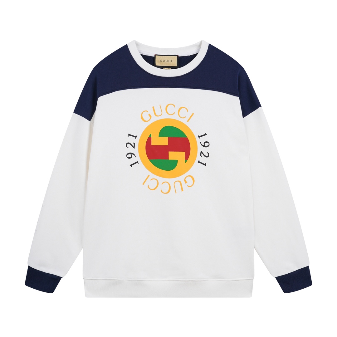 💰 120细节图【顶级版本.官网品质】 #Gucci古驰##运动##复古#Gucci25最新拼接复古运动风格卫衣，官方原版,定制32支双纱纯棉大卫衣面料，克重460g，手感松软细腻又比一般棉布料扎实，舒适透气不易变形，采用进口纳米印花，精密网版让印花更为立体清晰细致，原版辅料一比一三标齐全，人工手缝织唛，还原专柜，区别市场通货，宽松版型，男女同款，官网品质 码数：XS - L 颜色：蓝白拼接