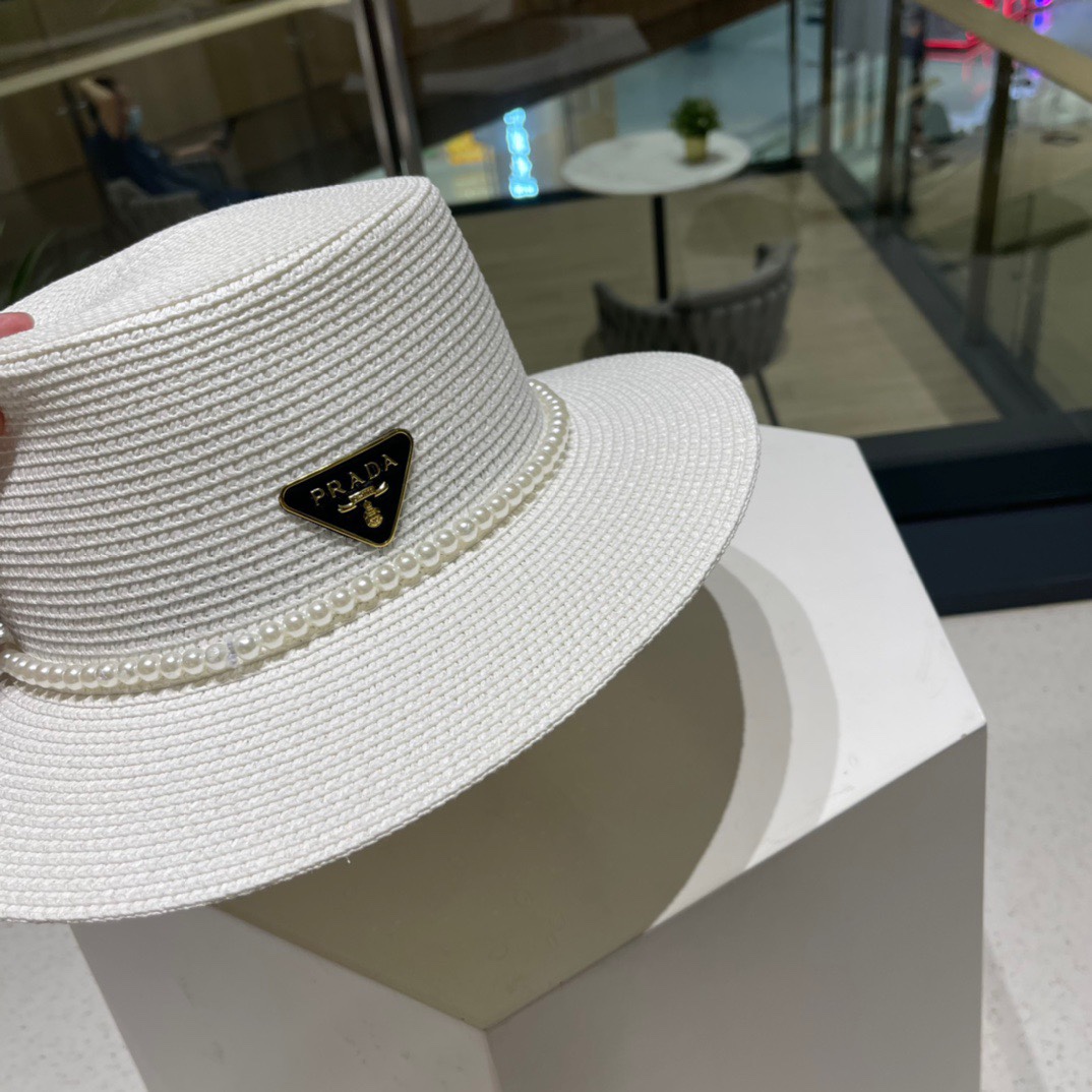  普拉达草帽，高级定制，超好看帽型珍珠配饰，头围57cm