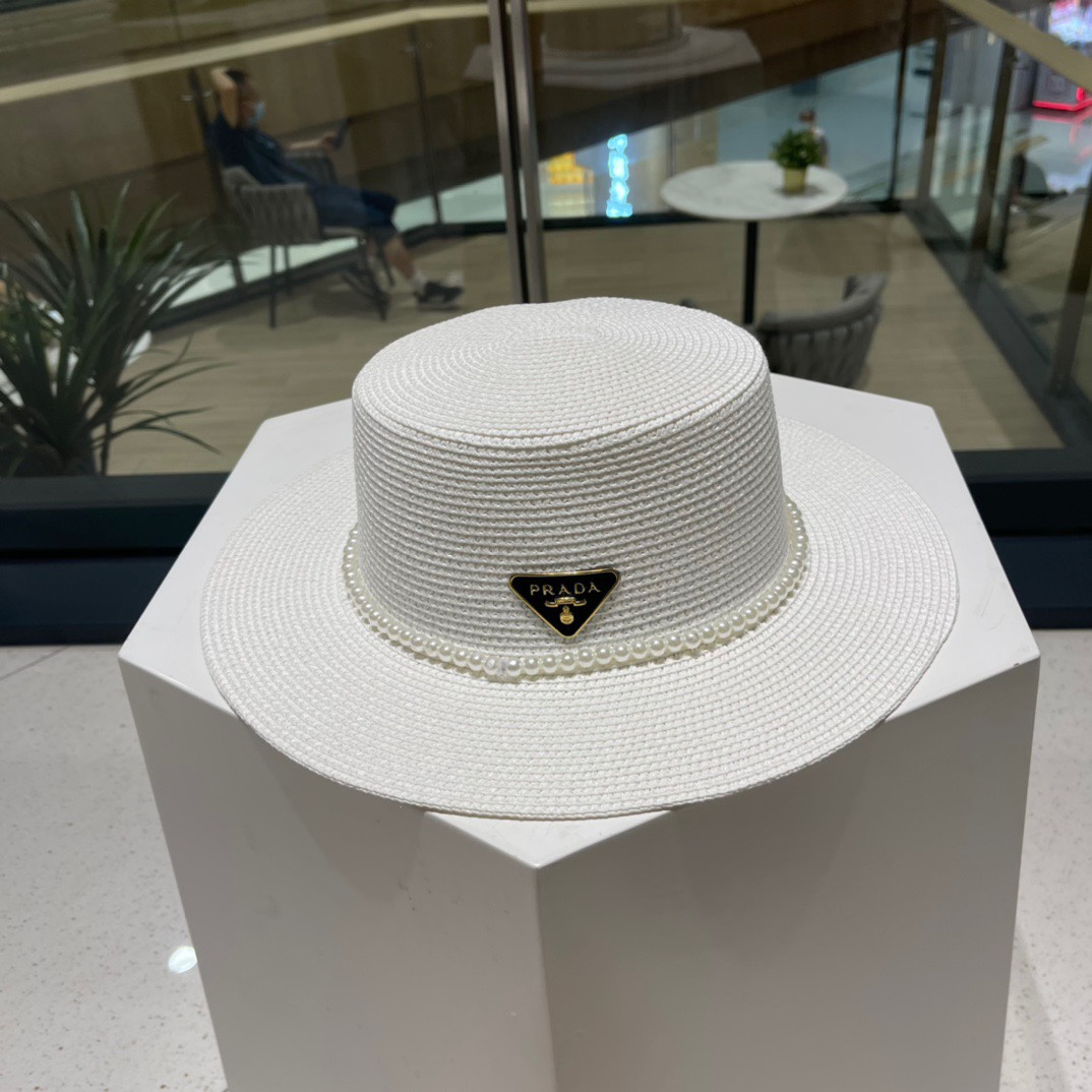  普拉达草帽，高级定制，超好看帽型珍珠配饰，头围57cm