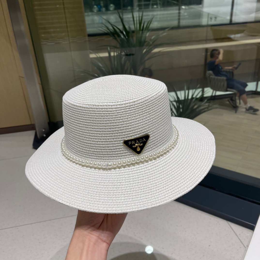 普拉达草帽，高级定制，超好看帽型珍珠配饰，头围57cm