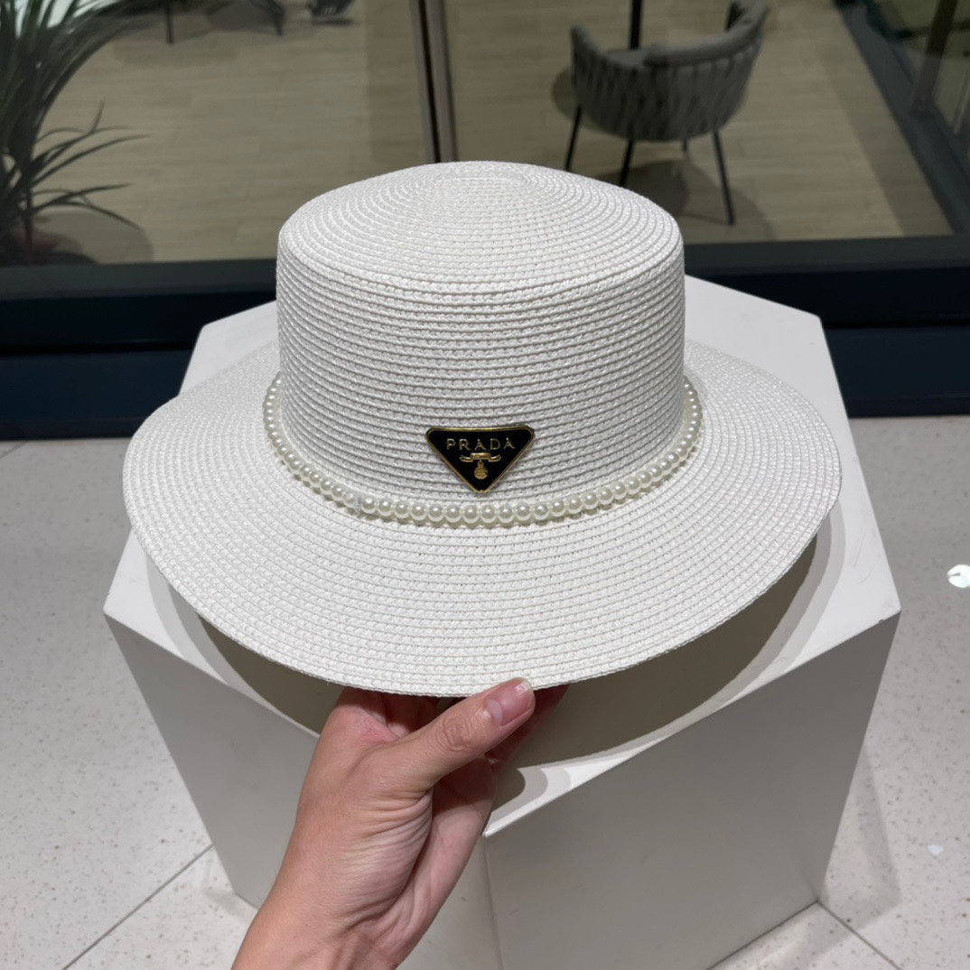  普拉达草帽，高级定制，超好看帽型珍珠配饰，头围57cm