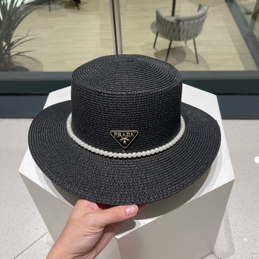 ” 普拉达草帽，高级定制，超好看帽型珍珠配饰，头围57cm