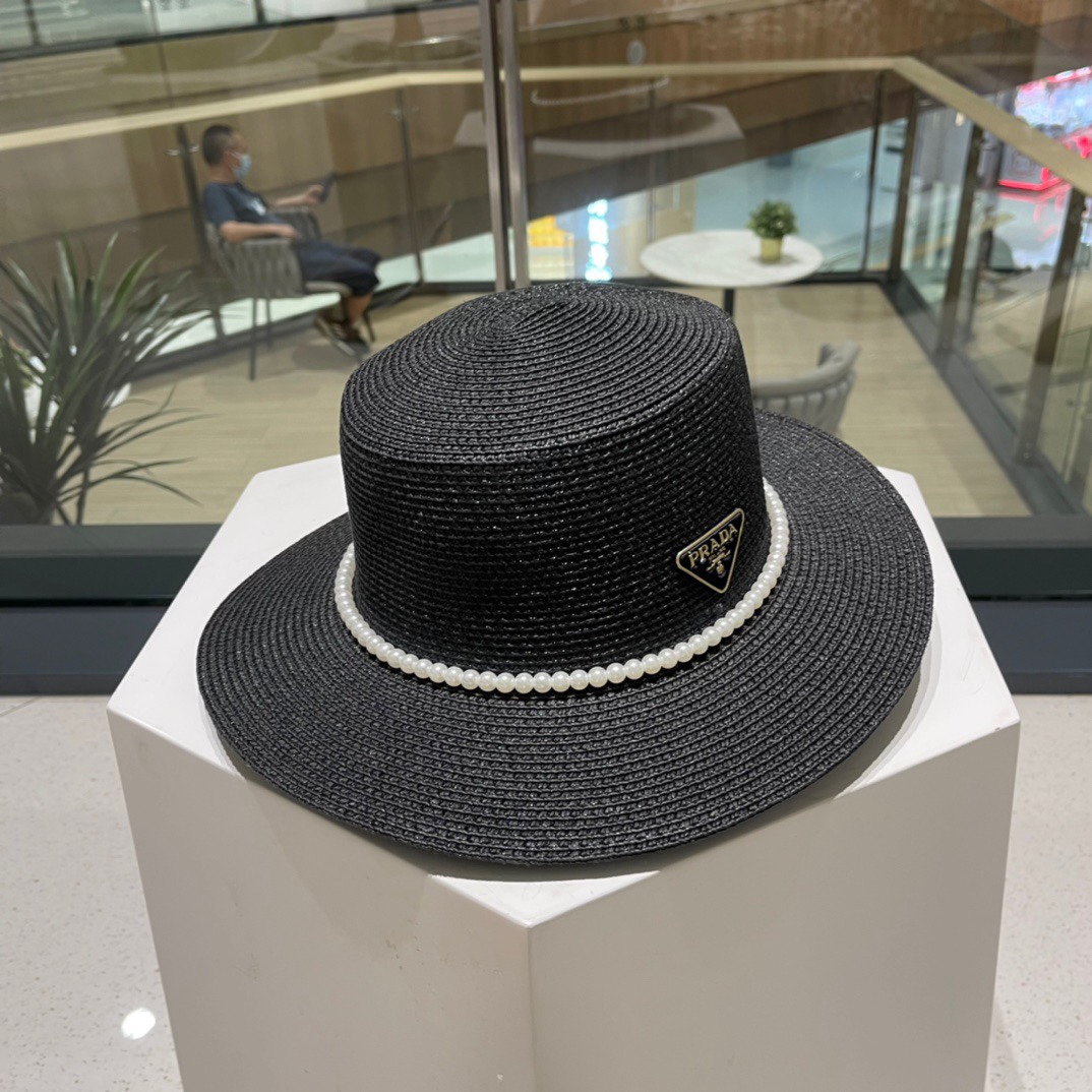 ” 普拉达草帽，高级定制，超好看帽型珍珠配饰，头围57cm