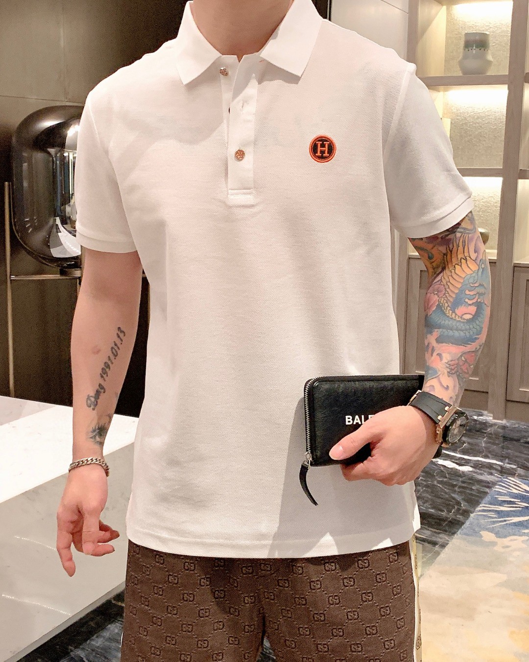 Hermes Clothing Polo T-Shirt White Men Cotton Spring/Summer Collection Fashion Short Sleeve