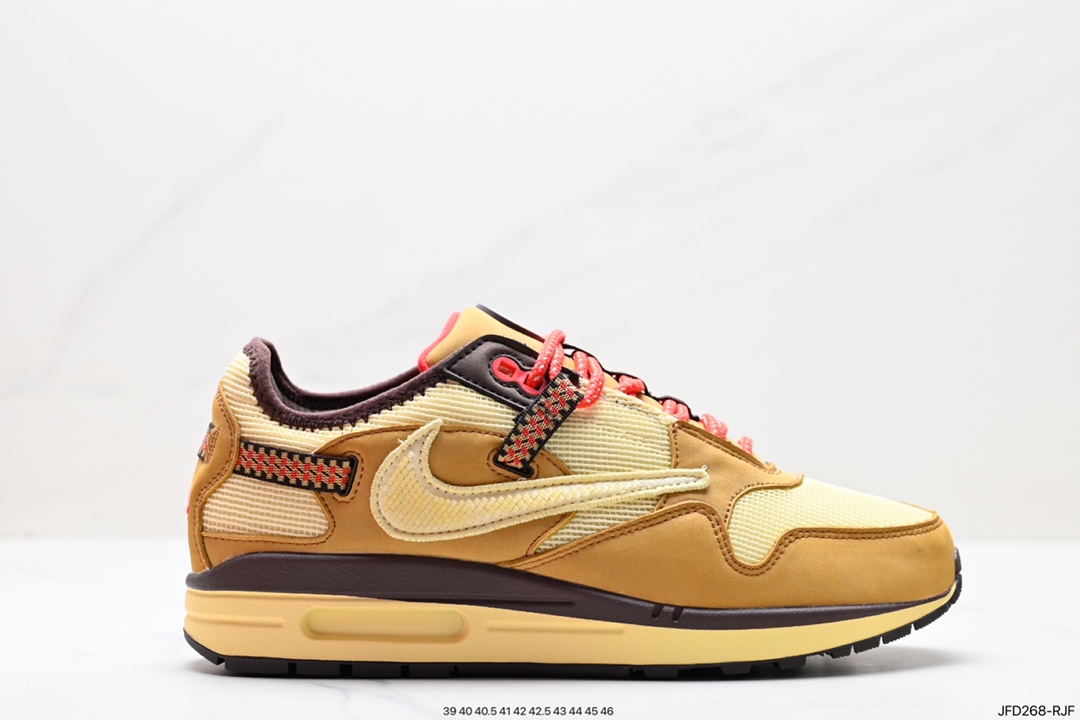 Travis Scott x Nike Air Max 1”Cactus Jack“改版款低帮复古百搭休闲运动慢跑鞋“深棕麦黄米倒钩” DO9392-200