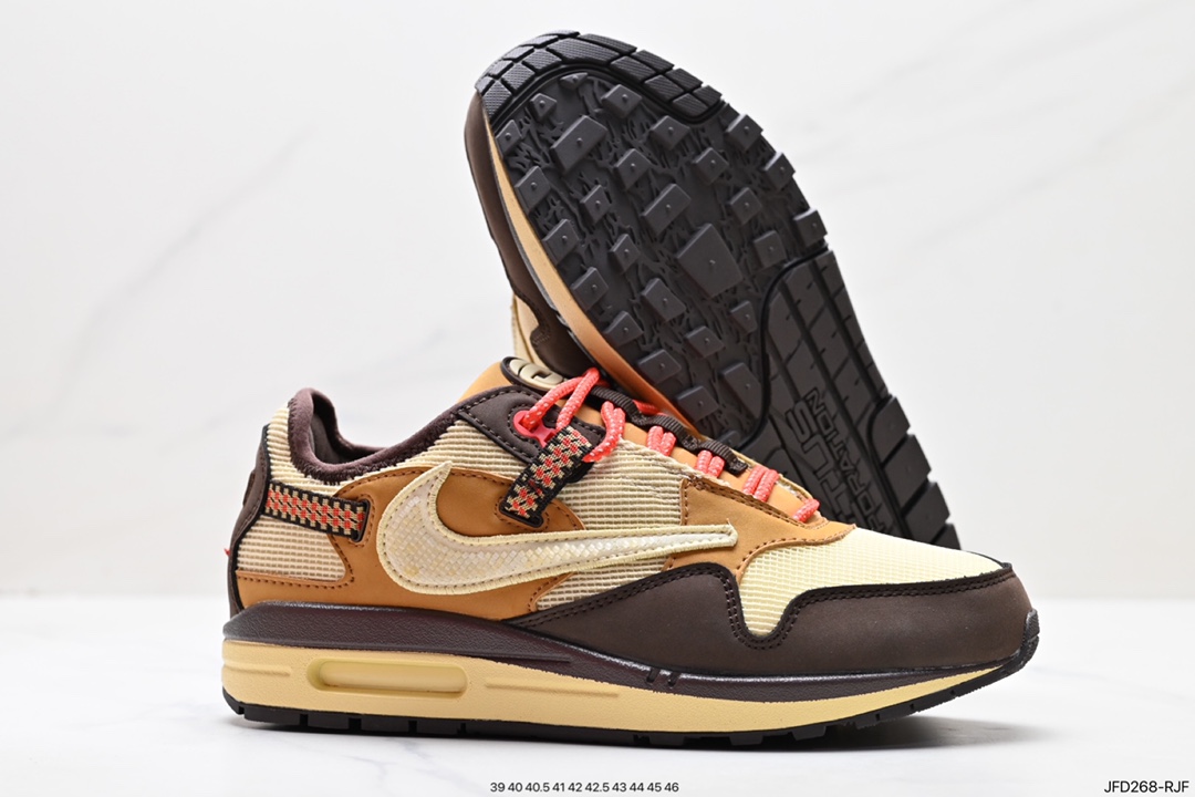 Travis Scott x Nike Air Max 1”Cactus Jack“改版款低帮复古百搭休闲运动慢跑鞋“深棕麦黄米倒钩” DO9392-200