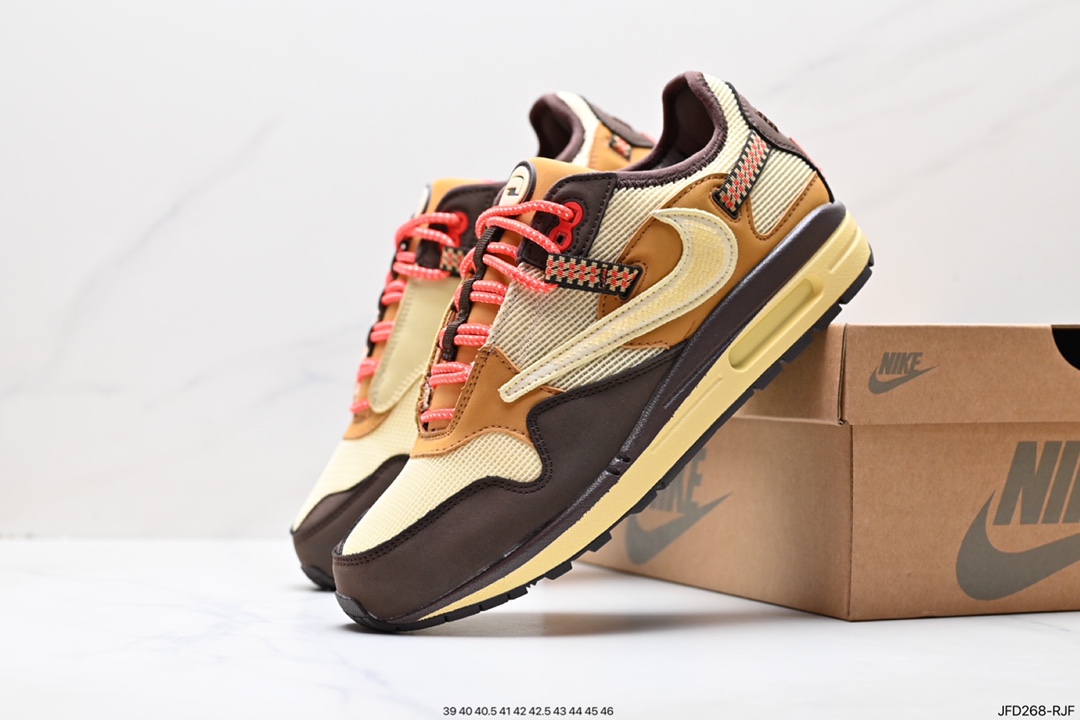 Travis Scott x Nike Air Max 1”Cactus Jack“改版款低帮复古百搭休闲运动慢跑鞋“深棕麦黄米倒钩” DO9392-200