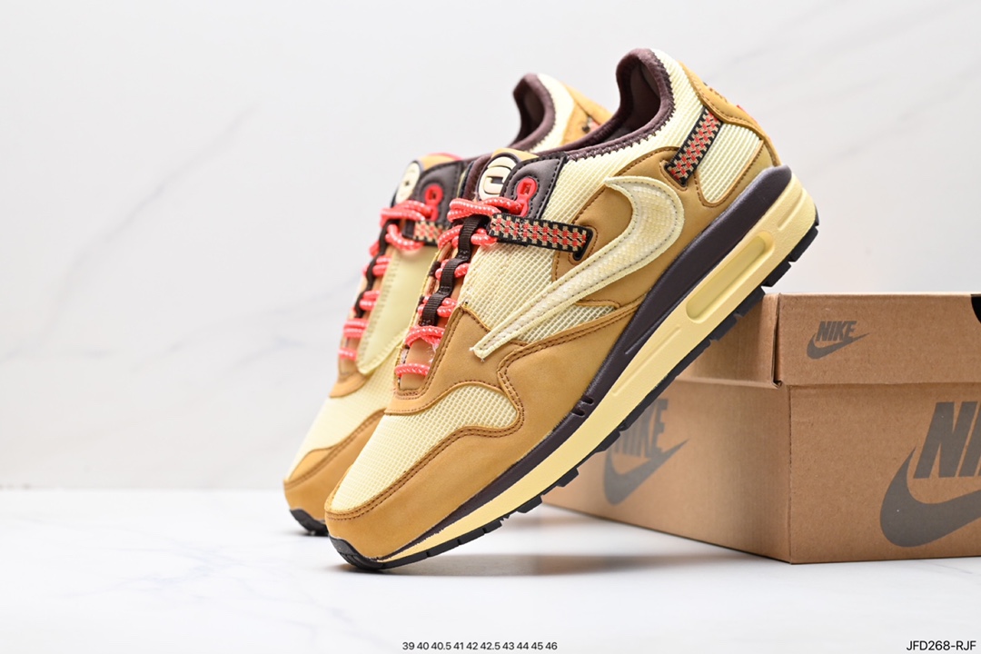 Travis Scott x Nike Air Max 1”Cactus Jack“改版款低帮复古百搭休闲运动慢跑鞋“深棕麦黄米倒钩” DO9392-200