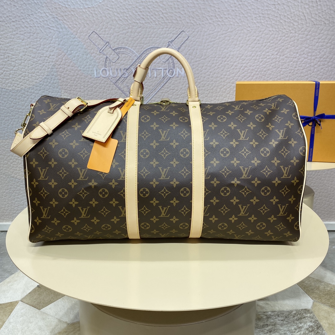 Louis Vuitton LV Keepall Travel Bags Black Grid Coffee Color Gold Damier Azur Canvas Cotton Cowhide N41413