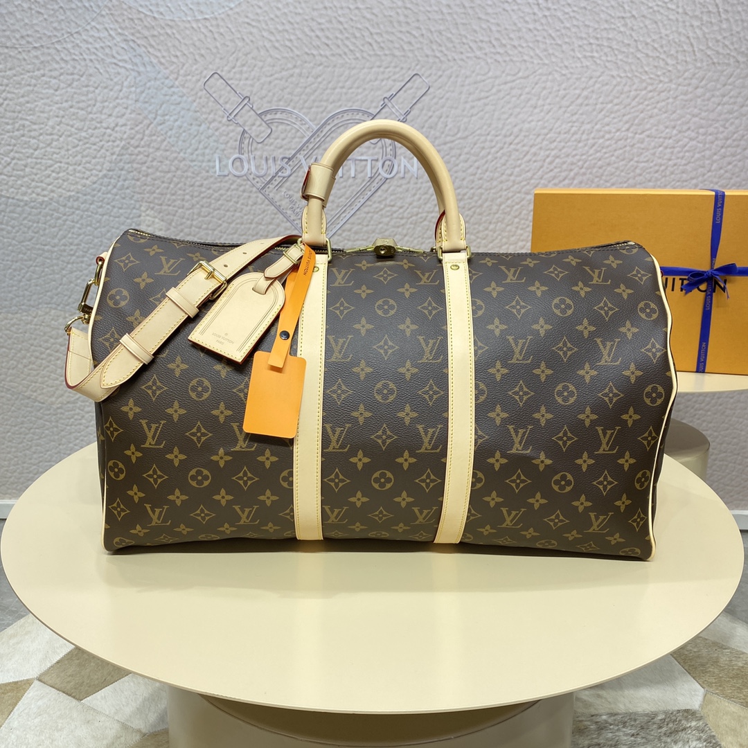 Louis Vuitton LV Keepall Travel Bags Black Grid Coffee Color Gold Damier Azur Canvas Cotton Cowhide M41416