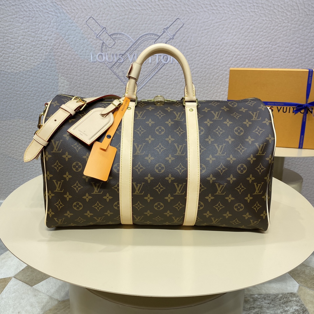 Louis Vuitton LV Keepall Travel Bags Black Grid Coffee Color Gold Damier Azur Canvas Cotton Cowhide N41418