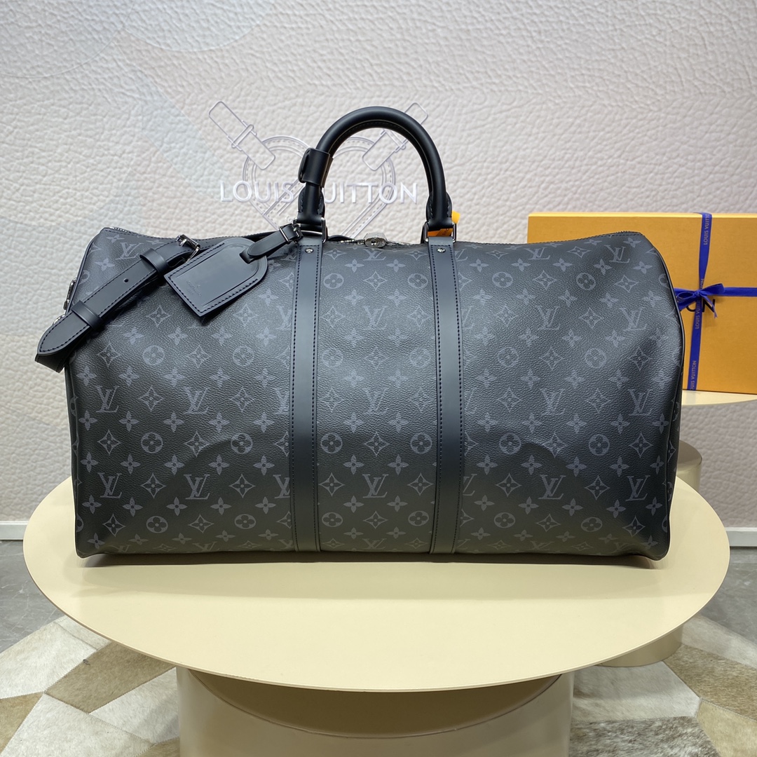 Louis Vuitton LV Keepall Travel Bags Black Grid Coffee Color Gold Damier Azur Canvas Cotton Cowhide N41413