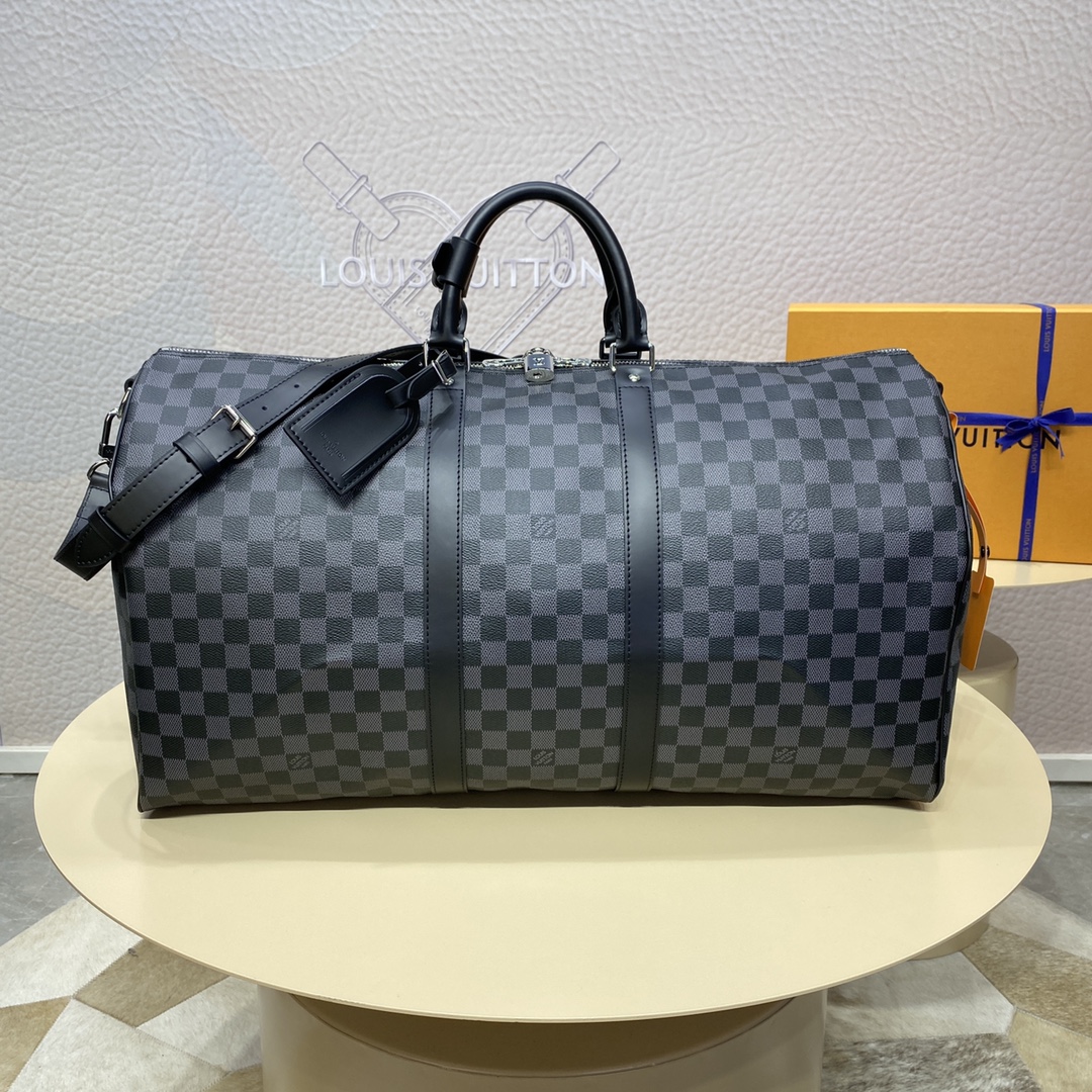 Louis Vuitton LV Keepall Travel Bags Black Grid Coffee Color Gold Damier Azur Canvas Cotton Cowhide N41413