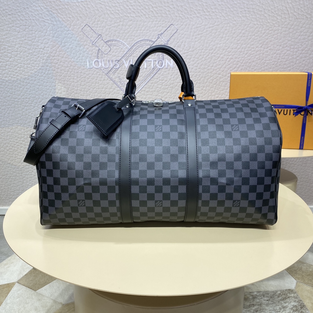 Louis Vuitton LV Keepall Travel Bags Black Grid Coffee Color Gold Damier Azur Canvas Cotton Cowhide M41416