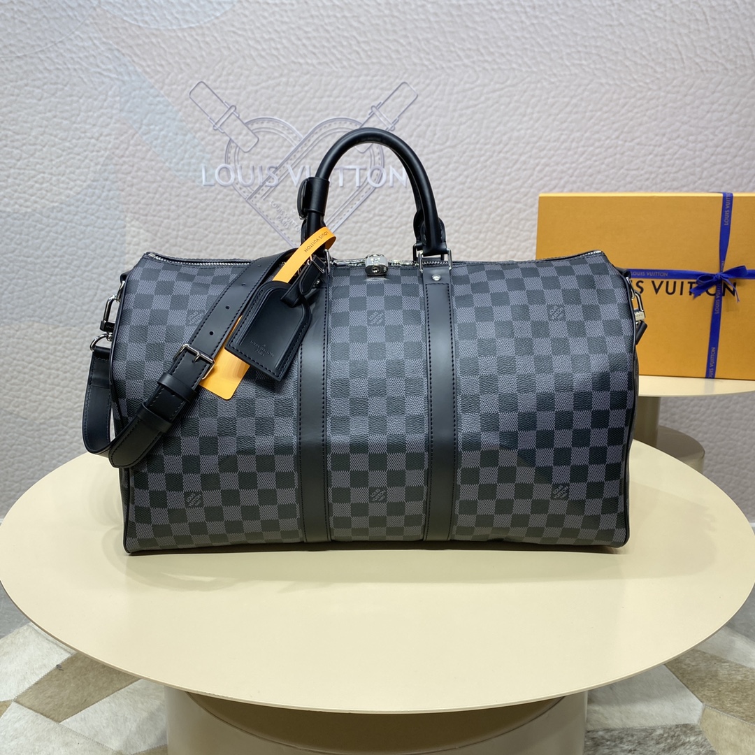 Louis Vuitton LV Keepall Travel Bags Black Grid Coffee Color Gold Damier Azur Canvas Cotton Cowhide N41418