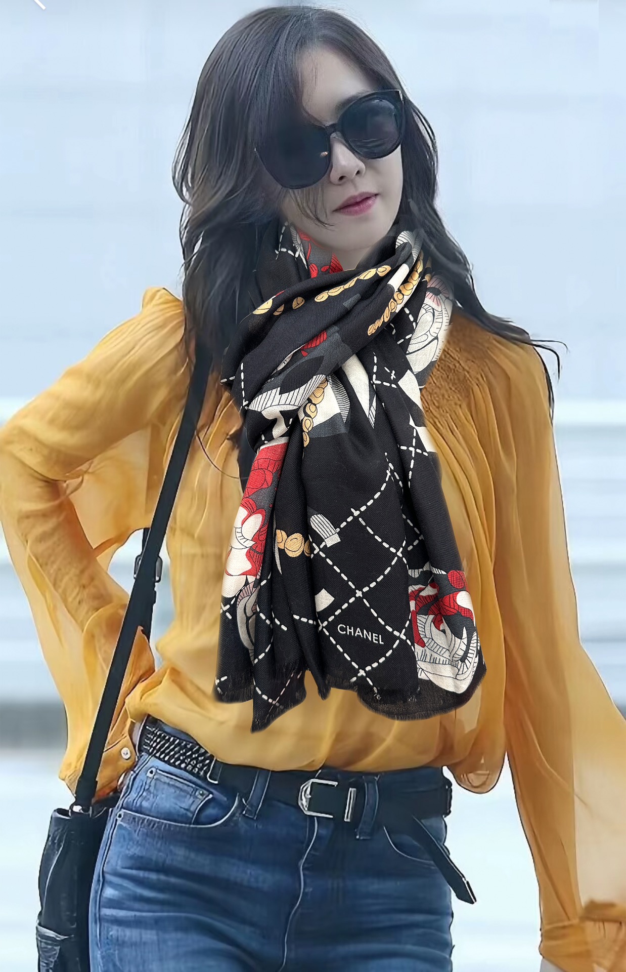 CHANEL香奈儿花朵双c羊绒长巾