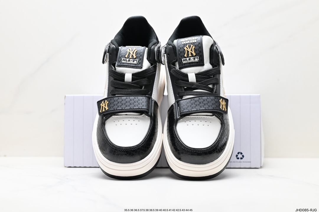 MLB Chunky Liner New York Yankees Senior Shoes Series Low-top Daddy Style Lightweight Height-enhancing Thick-soled All-match Casual Sports Jogging Shoes ”Leather White and Black NY Print” 3ASXLM13N (GP002C)