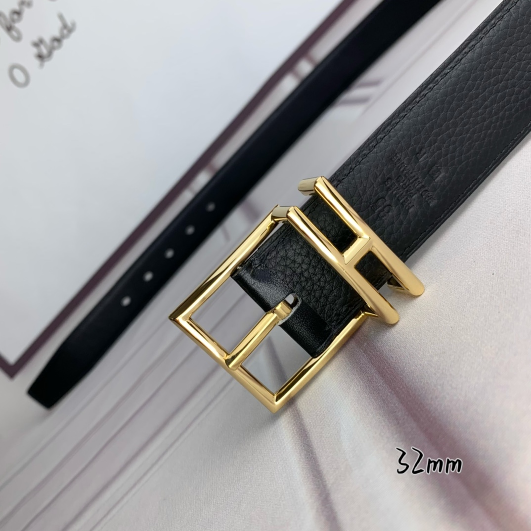 Hermès 爱马仕针扣  原单品质 头层牛皮 黑色荔枝纹搭配黑色平纹   32mm宽  双面可用  配官网H亮金/亮银