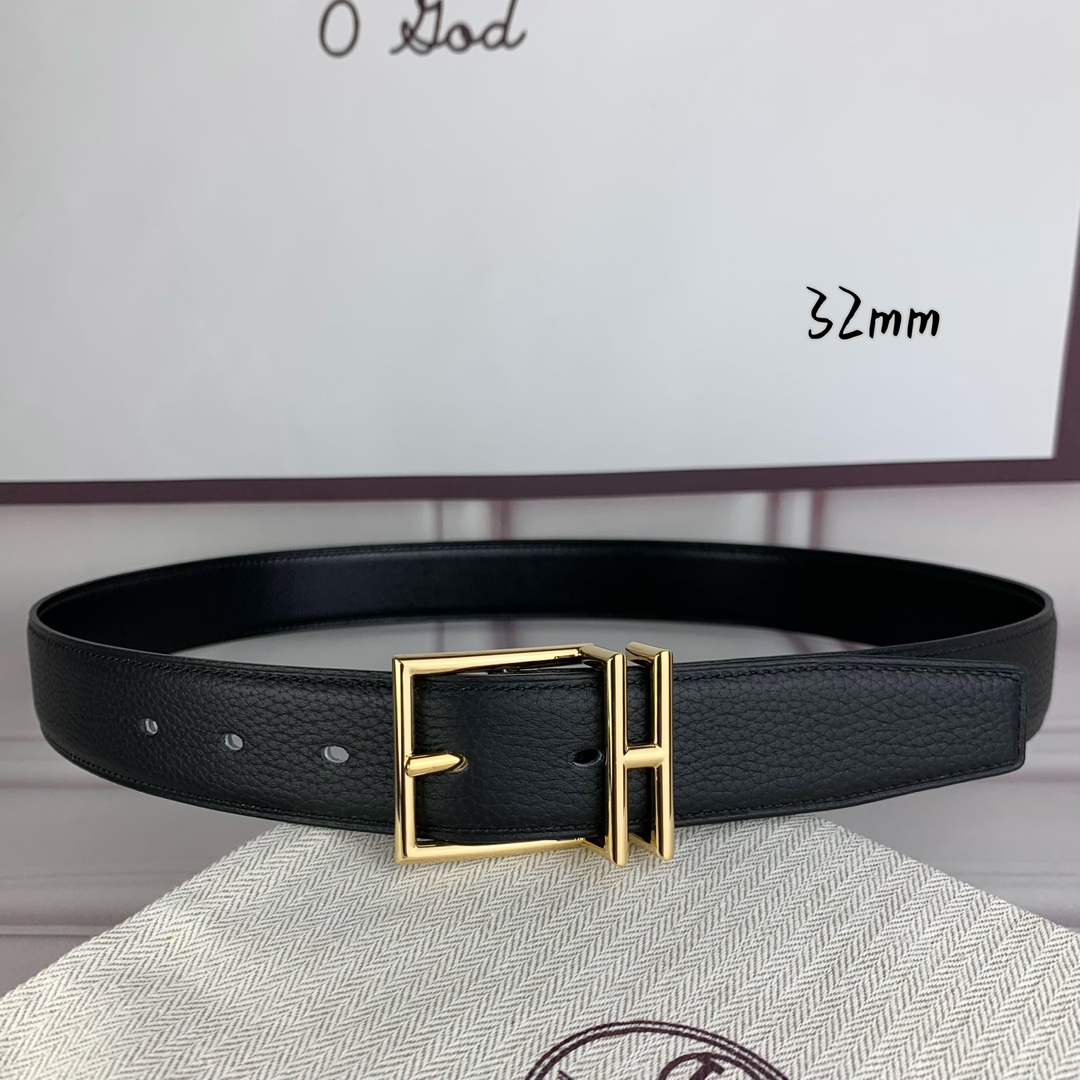 Hermès 爱马仕针扣  原单品质 头层牛皮 黑色荔枝纹搭配黑色平纹   32mm宽  双面可用  配官网H亮金/亮银
