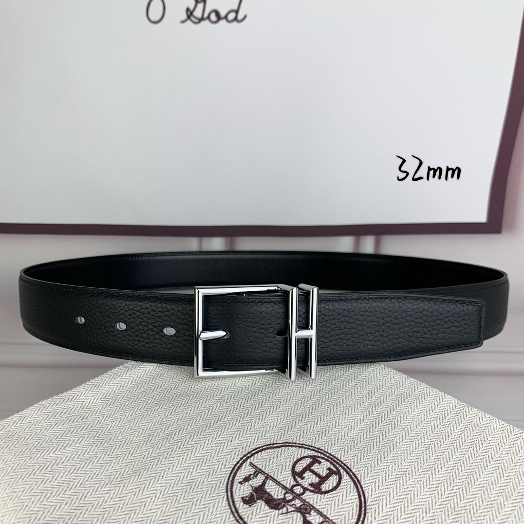 Hermès 爱马仕针扣  原单品质 头层牛皮 黑色荔枝纹搭配黑色平纹   32mm宽  双面可用  配官网H亮金/亮银