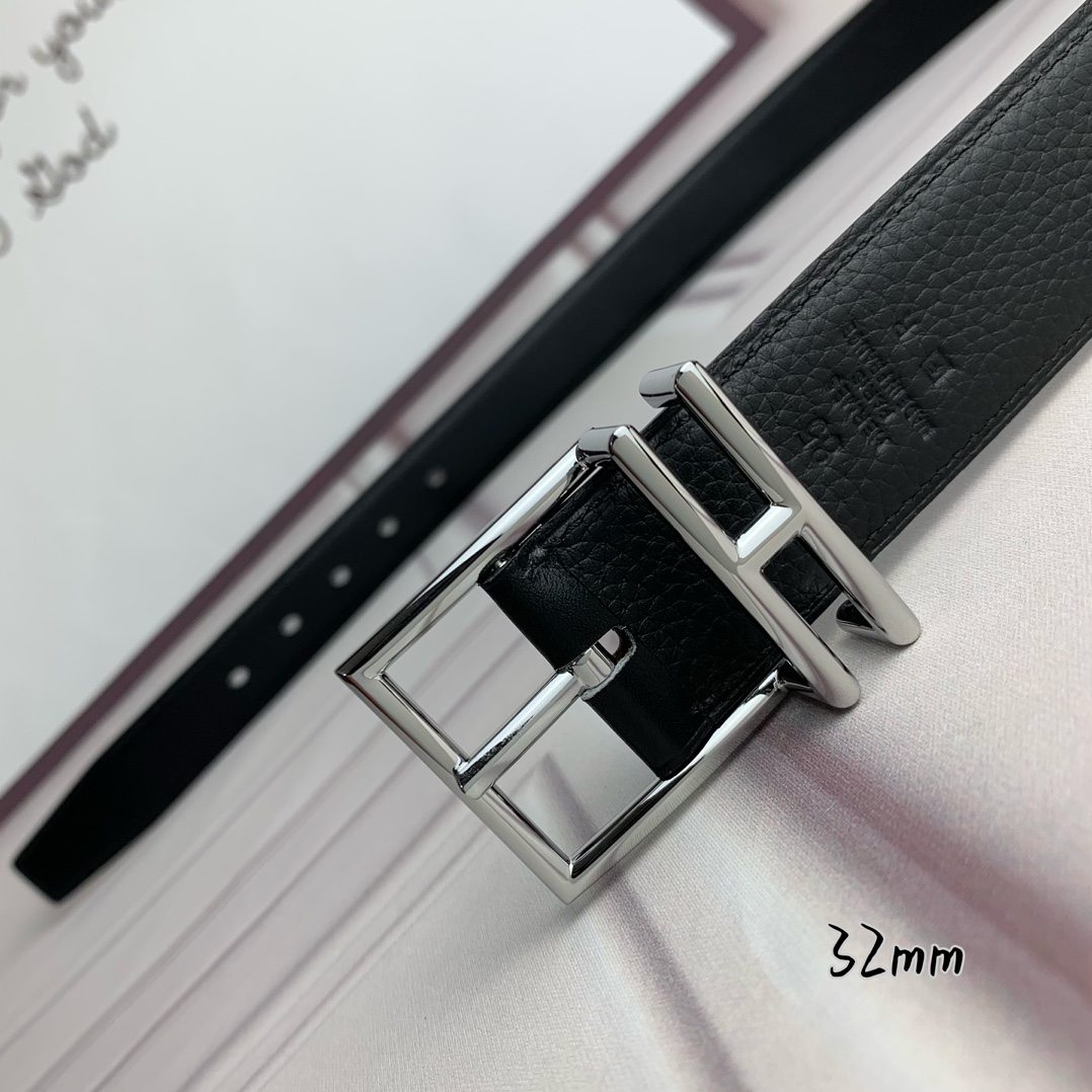 Hermès 爱马仕针扣  原单品质 头层牛皮 黑色荔枝纹搭配黑色平纹   32mm宽  双面可用  配官网H亮金/亮银