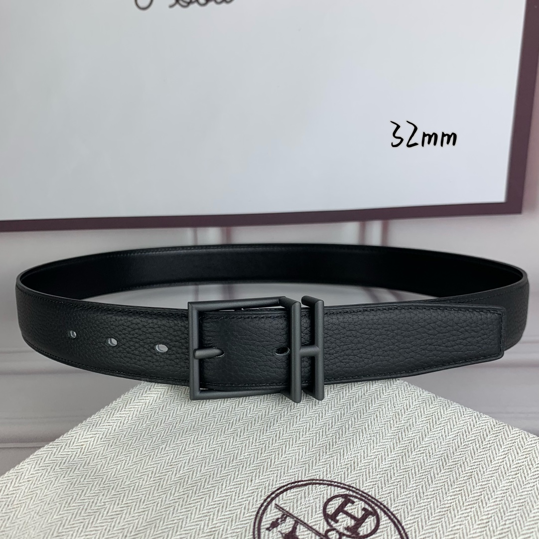 Hermès 爱马仕针扣  原单品质 头层牛皮 黑色荔枝纹搭配黑色平纹   32mm宽  双面可用  配官网H亮金/亮银