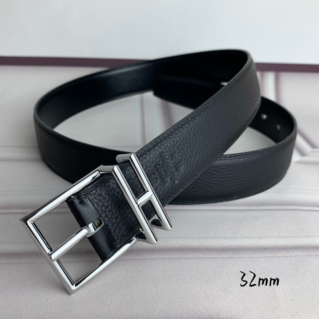 Hermès 爱马仕针扣  原单品质 头层牛皮 黑色荔枝纹搭配黑色平纹   32mm宽  双面可用  配官网H亮金/亮银