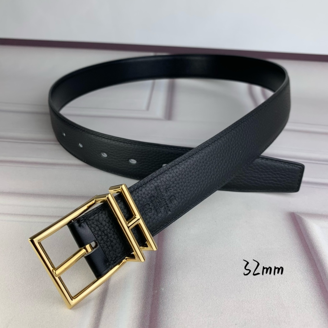 Hermès 爱马仕针扣  原单品质 头层牛皮 黑色荔枝纹搭配黑色平纹   32mm宽  双面可用  配官网H亮金/亮银