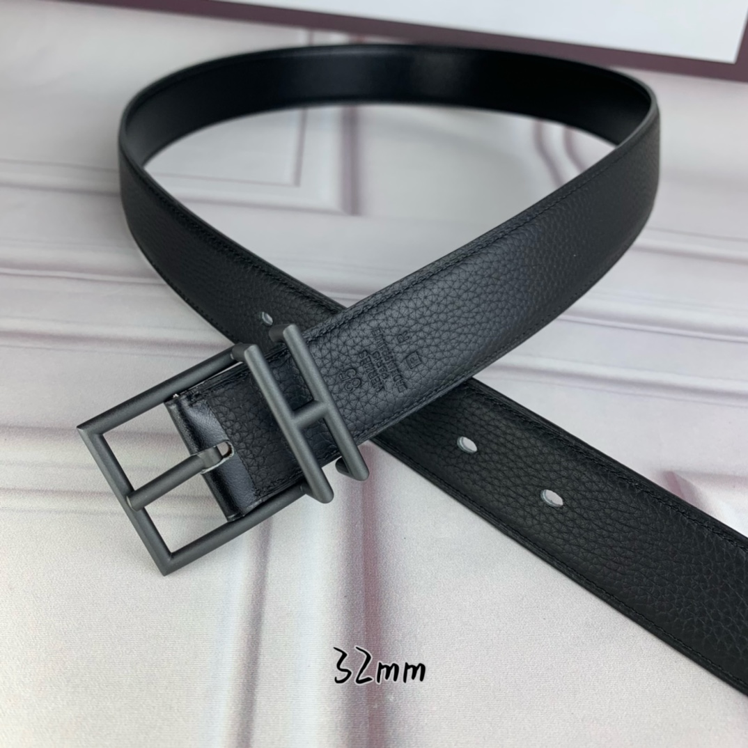 Hermès 爱马仕针扣  原单品质 头层牛皮 黑色荔枝纹搭配黑色平纹   32mm宽  双面可用  配官网H亮金/亮银