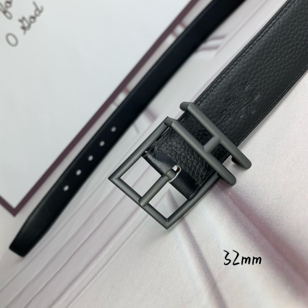 Hermès 爱马仕针扣  原单品质 头层牛皮 黑色荔枝纹搭配黑色平纹   32mm宽  双面可用  配官网H亮金/亮银