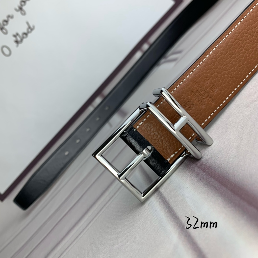 Hermès 爱马仕针扣  原单品质 头层牛皮 土黄色荔枝纹搭配黑色平纹   32mm宽  双面可用  配官网H亮金/亮