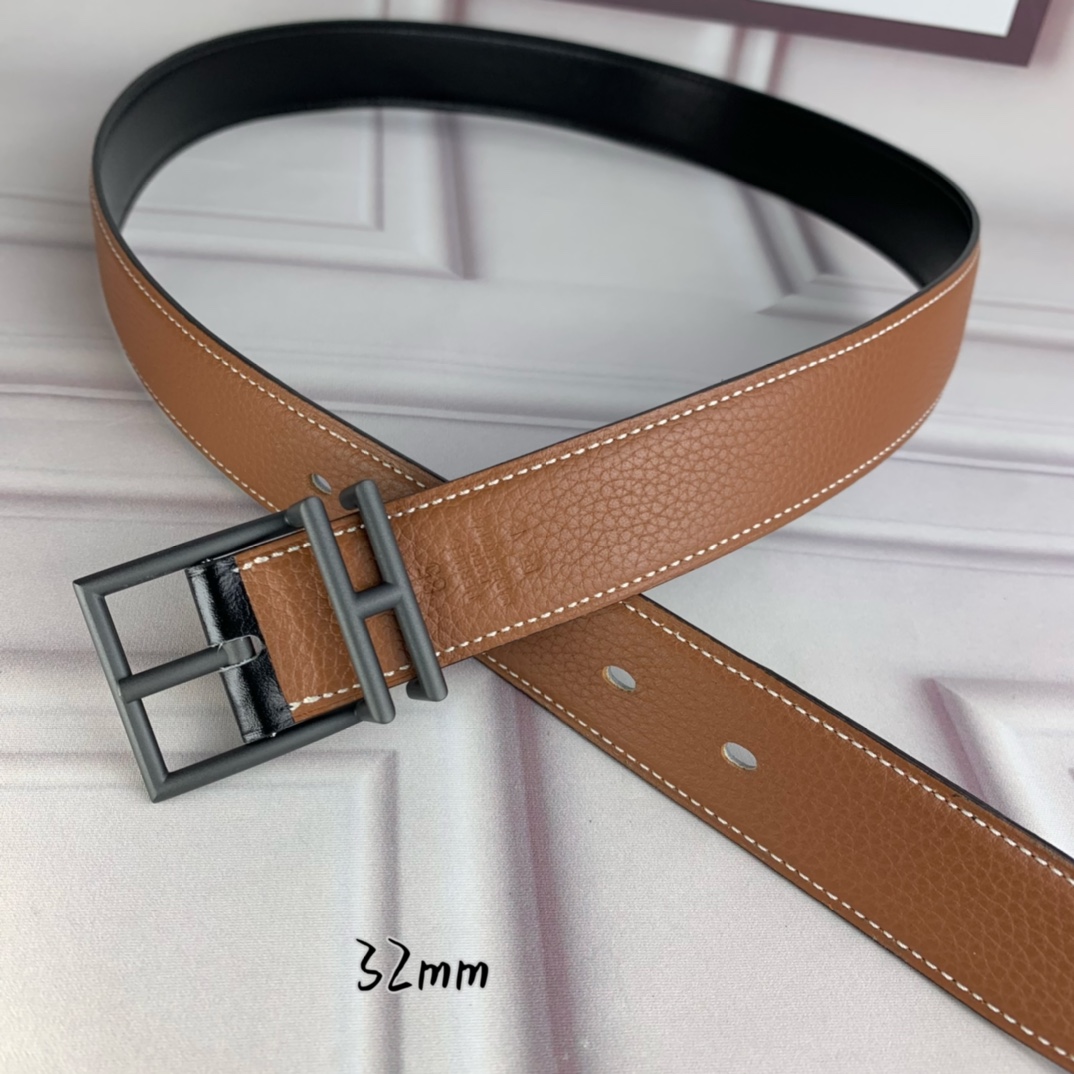 Hermès 爱马仕针扣  原单品质 头层牛皮 土黄色荔枝纹搭配黑色平纹   32mm宽  双面可用  配官网H亮金/亮