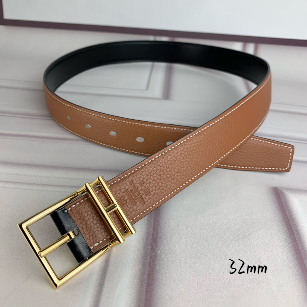Hermès 爱马仕针扣  原单品质 头层牛皮 土黄色荔枝纹搭配黑色平纹   32mm宽  双面可用  配官网H亮金/亮