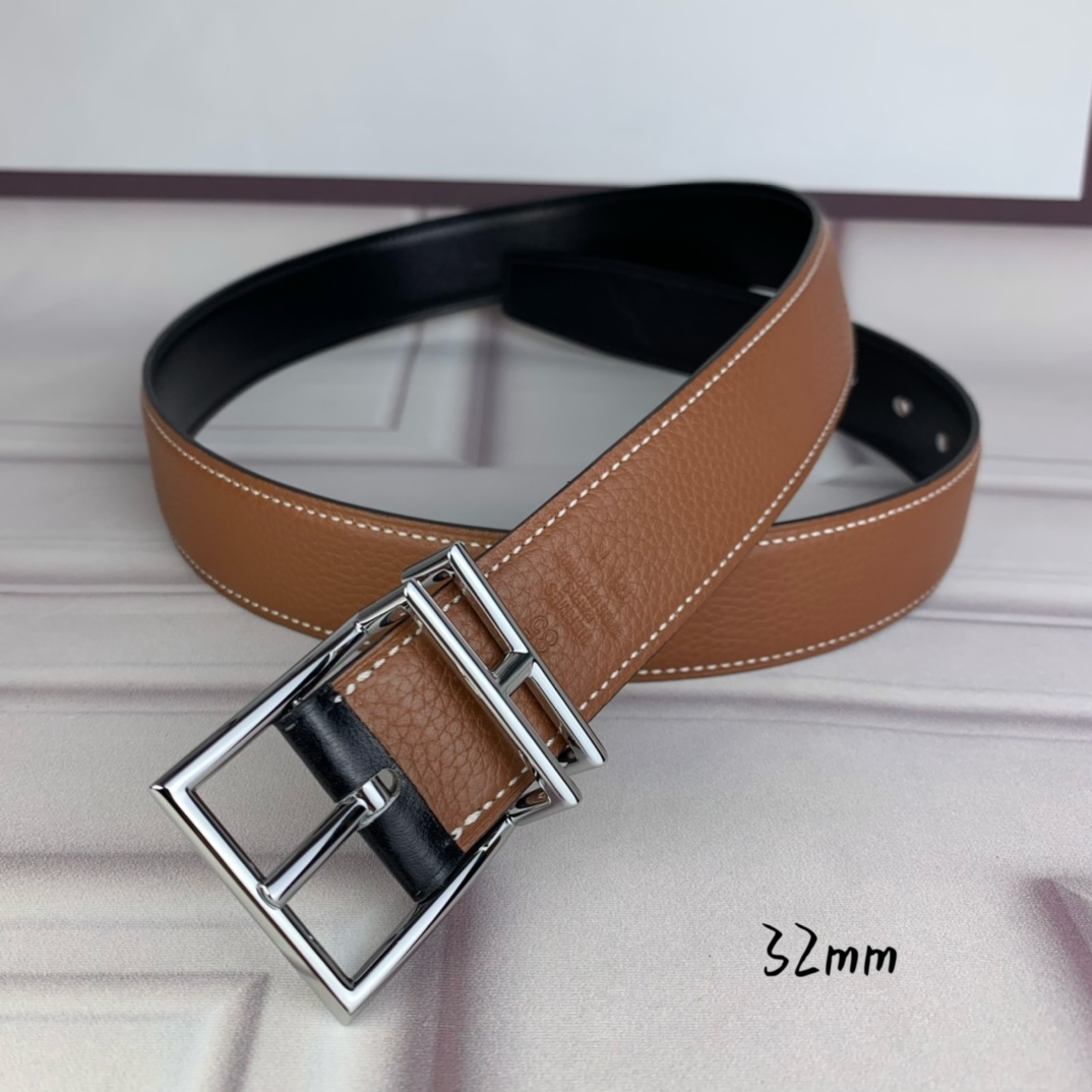 Hermès 爱马仕针扣  原单品质 头层牛皮 土黄色荔枝纹搭配黑色平纹   32mm宽  双面可用  配官网H亮金/亮