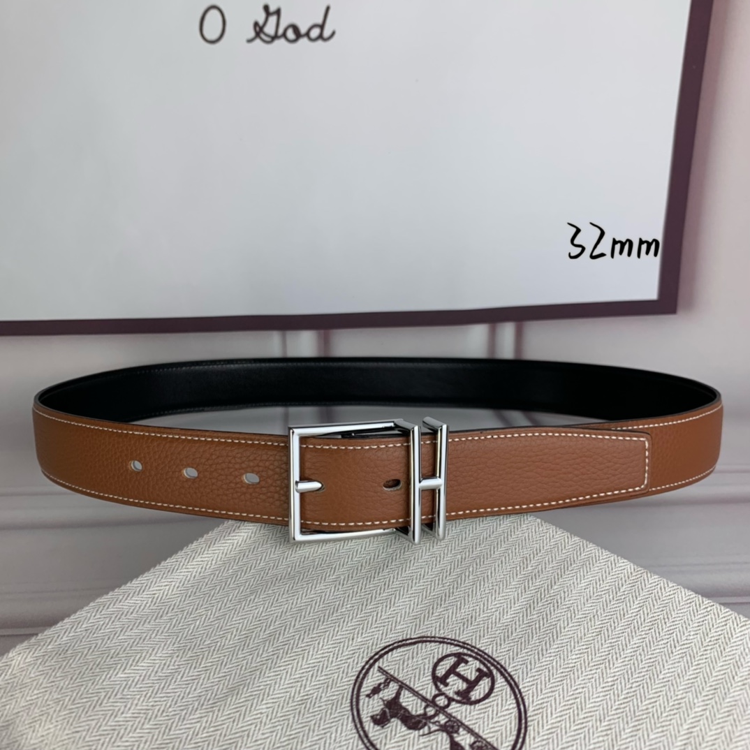 Hermès 爱马仕针扣  原单品质 头层牛皮 土黄色荔枝纹搭配黑色平纹   32mm宽  双面可用  配官网H亮金/亮