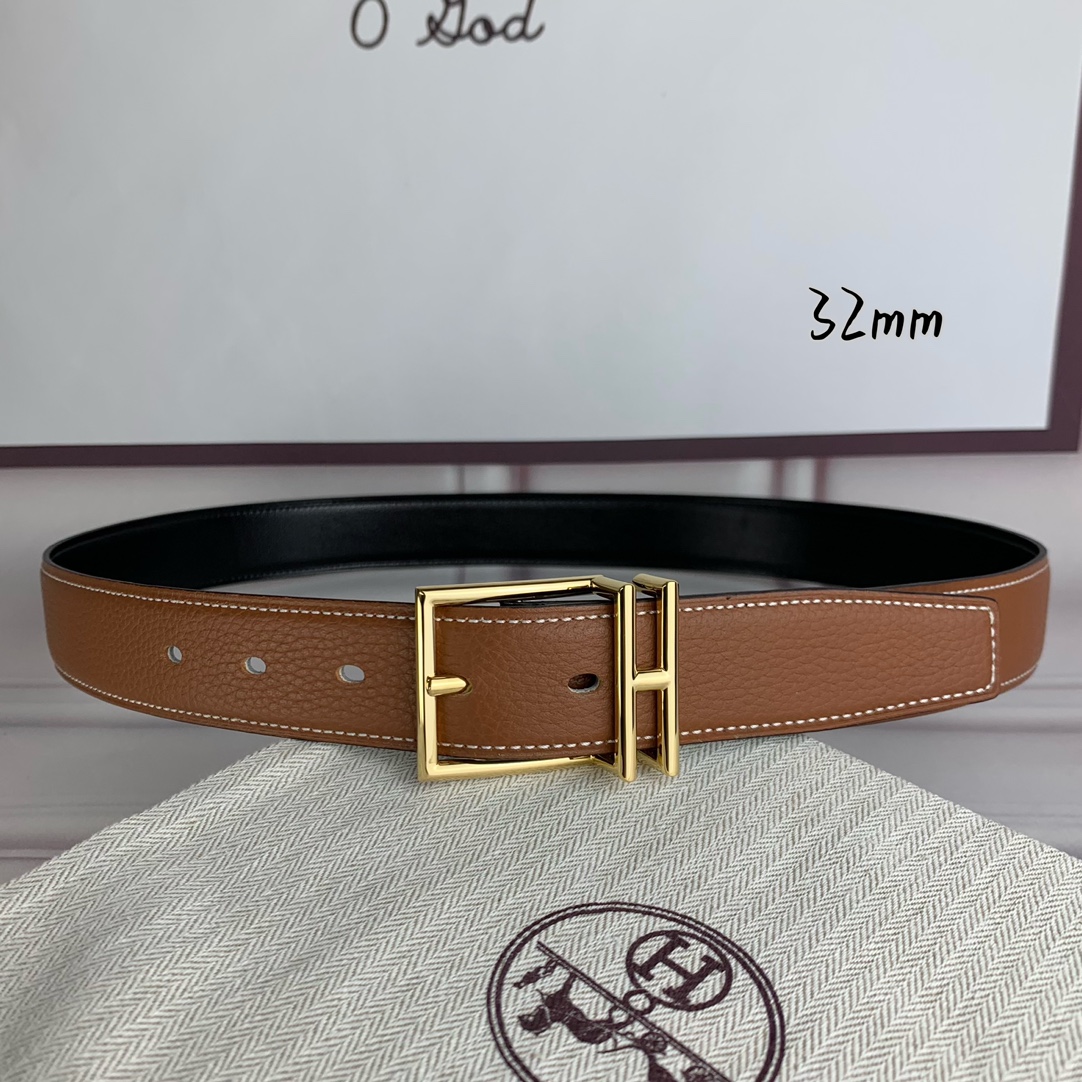 Hermès 爱马仕针扣  原单品质 头层牛皮 土黄色荔枝纹搭配黑色平纹   32mm宽  双面可用  配官网H亮金/亮