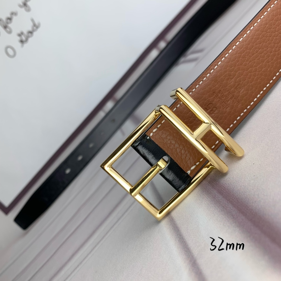 Hermès 爱马仕针扣  原单品质 头层牛皮 土黄色荔枝纹搭配黑色平纹   32mm宽  双面可用  配官网H亮金/亮