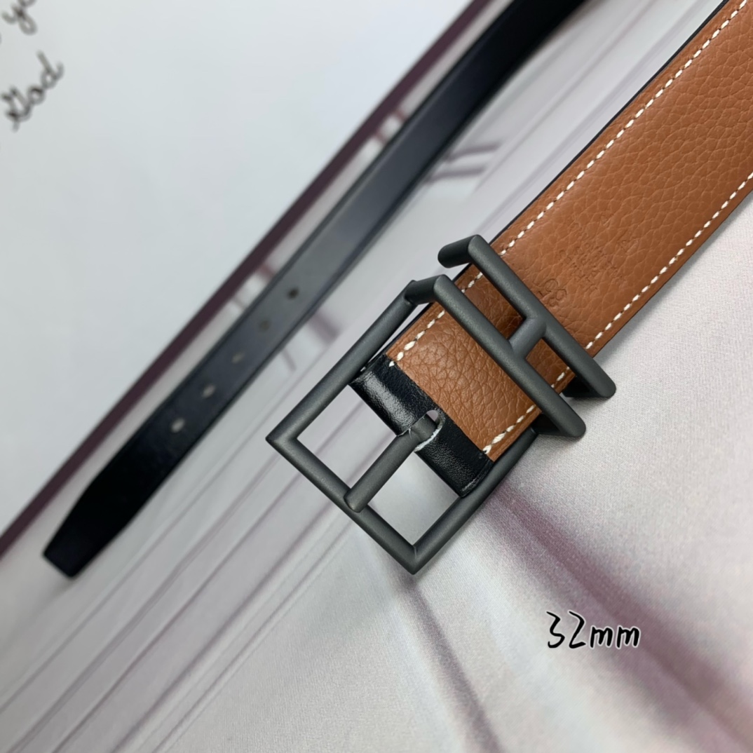 Hermès 爱马仕针扣  原单品质 头层牛皮 土黄色荔枝纹搭配黑色平纹   32mm宽  双面可用  配官网H亮金/亮