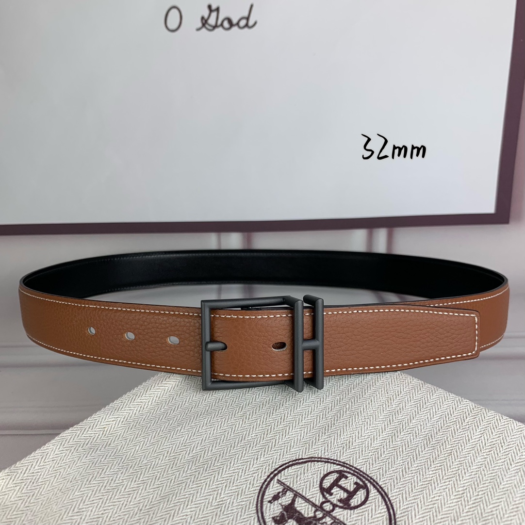Hermès 爱马仕针扣  原单品质 头层牛皮 土黄色荔枝纹搭配黑色平纹   32mm宽  双面可用  配官网H亮金/亮