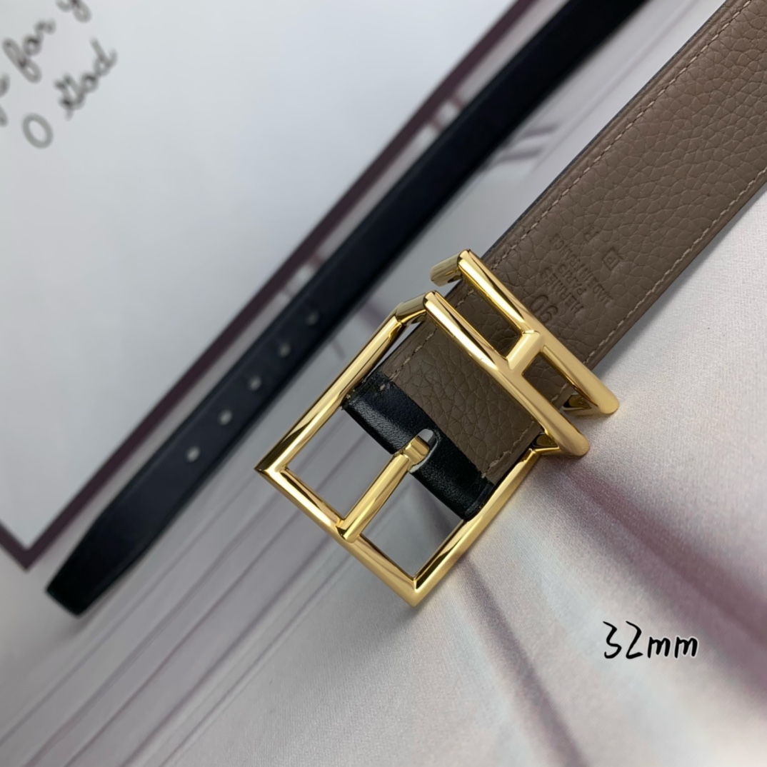 Hermès 爱马仕针扣  原单品质 头层牛皮 灰色荔枝纹搭配黑色平纹   32mm宽  双面可用  配官网H亮金/亮银